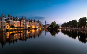 Beautiful old houses by the river at dusk, The Hague, Netherlands