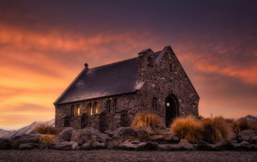 Old stone church at dusk, New Zealand