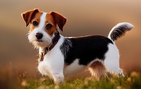 Смешная собака стоит на траве