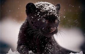 Маленький черный детеныш пантеры в снегу