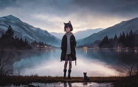 Девочка аниме у воды с котенком