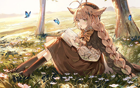 Anime girl reading a book under a tree