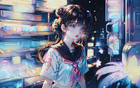 Anime girl with blue eyes in a store
