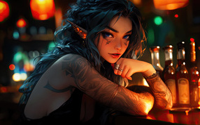 Anime girl with tattoos sitting in a bar