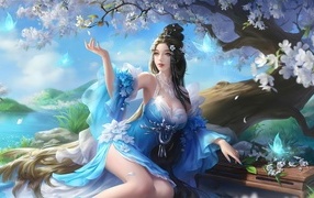 Beautiful anime girl in a dress under a magic tree