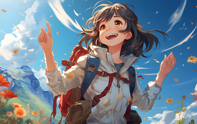 Cheerful anime girl with a backpack behind her back