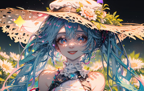 Улыбающаяся девушка аниме с голубыми волосами в большой шляпе