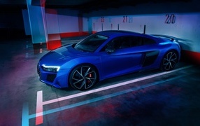 Blue Audi R8 in the garage