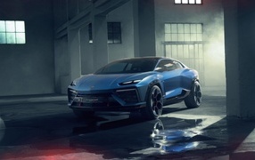 Blue Lamborghini Lanzador Concept EV car on a wet floor