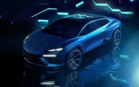 Presentation of the Lamborghini Lanzador Concept EV car on a blue background