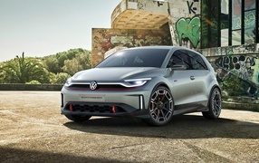 Volkswagen ID car. 2023 GTI Concept in front of the building