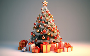 Рождественская елка с подарками на сером фоне