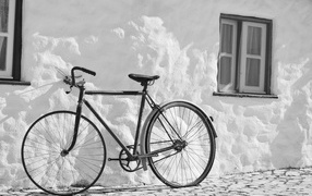 Black bicycle stands against a white wall