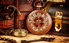 Old pocket watch, box and key