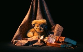 Toy bear with books on a black background