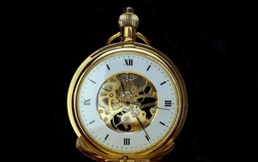 Vintage gold pocket watch on black background