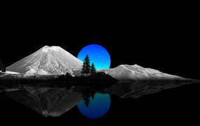 Drawn mountains and moon on a black background