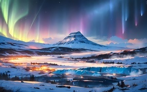 Painted mountain with aurora