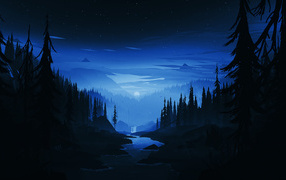 Нарисованный ночной лес у гор