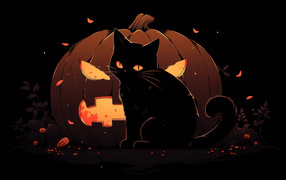 Черный котенок на фоне фонаря из тыквы