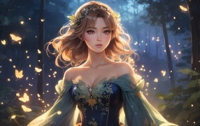 Фантастическая девушка в красивом платье в лесу