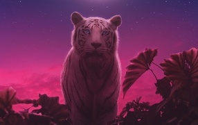 Fantasy tiger with green leaves at night