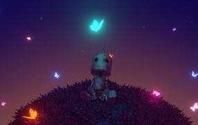 Little robot with neon butterflies
