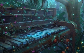 Old piano in a magical forest