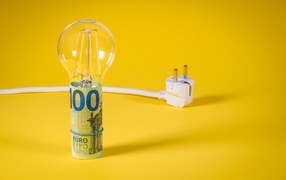 Light bulb with money and socket on yellow background