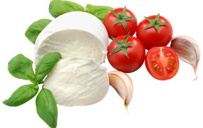 Cheese on a white plate with tomatoes, basil leaves and garlic
