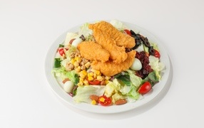 Fried chicken salad on gray background