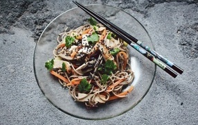 Spaghetti with meat and vegetables in a plate with Chinese chopsticks