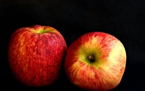 Два больших спелых красных яблока на черном фоне