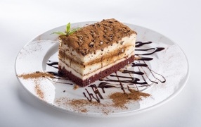A piece of cake on a large white plate