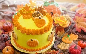 Appetizing cake with autumn decoration