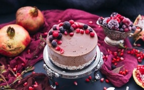 Appetizing cake with pomegranates on the table