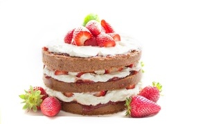 Chocolate cake with strawberries on a white background