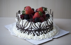 Delicious cake with chocolate and fresh berries