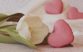 Десерт макарун в форме сердца на столе с тюльпаном