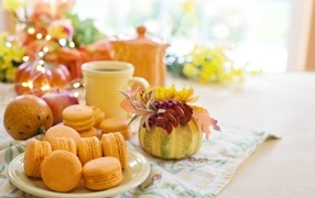 Macaron dessert on the table with tea