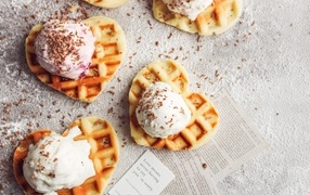 Sweet waffles with ice cream balls