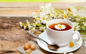 Tea on the table with chamomile flowers and sweets