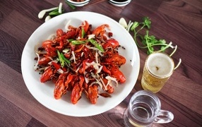 Boiled crayfish on the table with beer