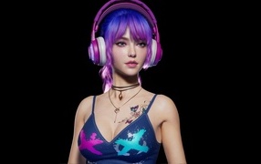 3d girl with headphones on her head on a black background