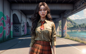 Beautiful 3D Asian girl in school uniform