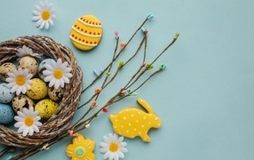 Beautiful Easter decor on a blue background for the holiday