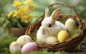 Easter bunny in a basket with eggs for the holiday