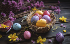 Multi-colored Easter eggs in a nest with flowers