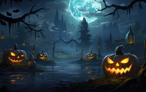 Sinister pumpkins by the river in the dark forest