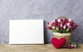 Basket of tulips and template for postcard for March 8
